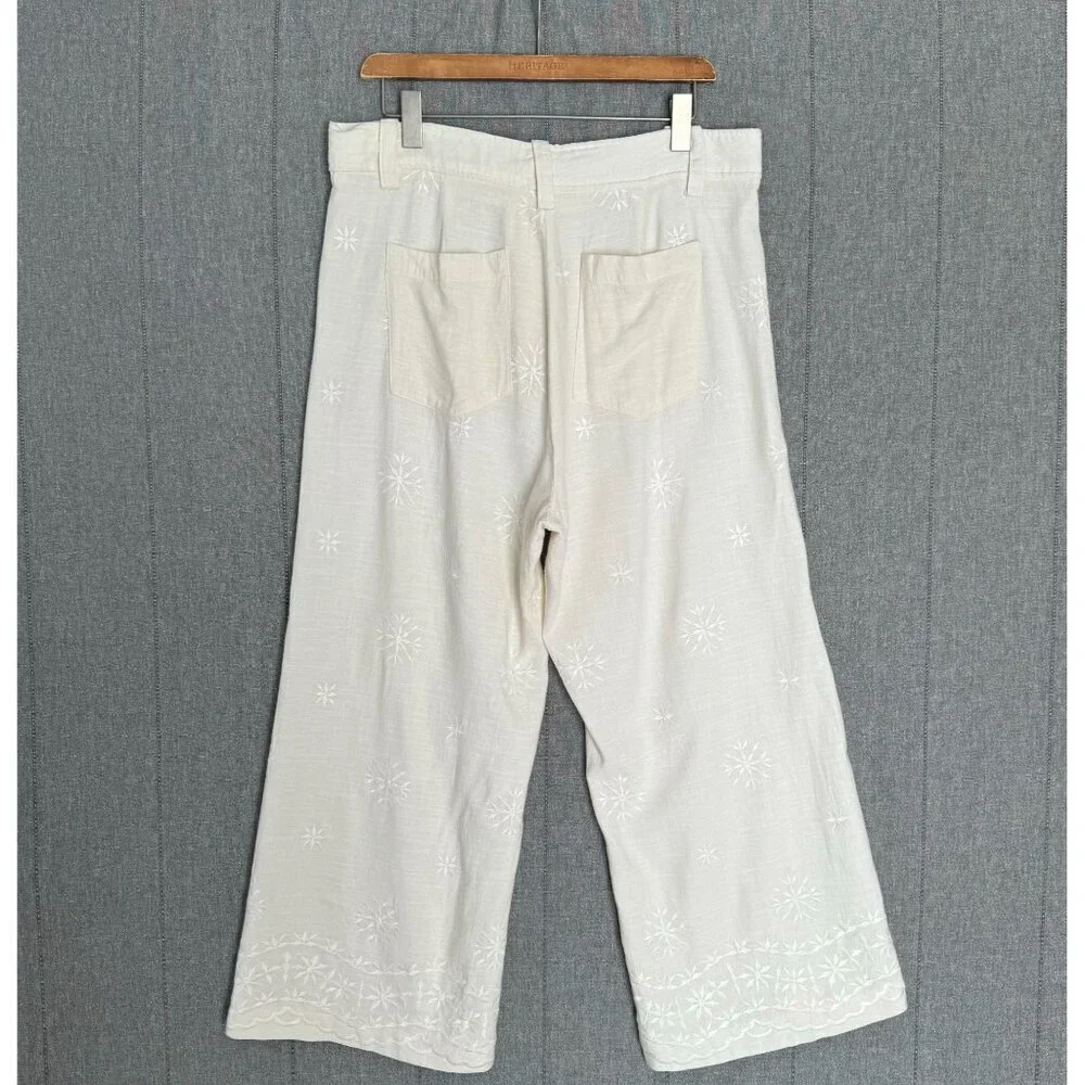 Zara Linen Blend Ivory / Light Cream High Rise Embroidered Wide Leg Pants XL